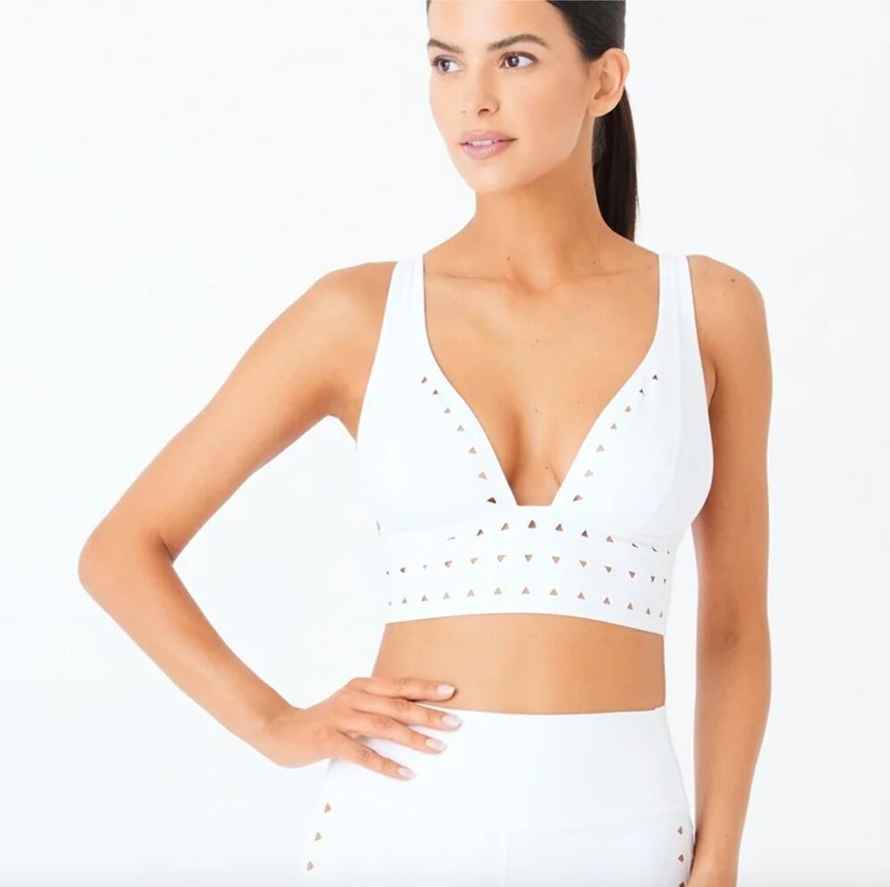 Gigi C Eden White Sport Bra Plunge Neck Laser Cut Criss-Cross Strap Size X-Small